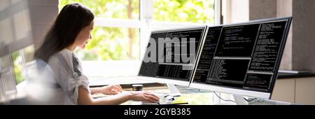 Coder Woman Coding On Computer. Programmer Working Stock Photo