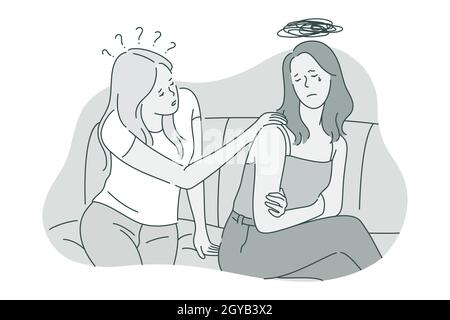 Sadness, grief, mental depression concept. Young unhappy crying woman thinking about bad news suffering from depressed state of mind and getting suppo Stock Photo