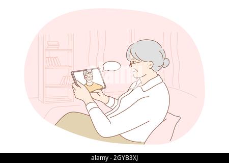 Online communication, chat, modern technologies concept. Senior elderly woman cartoon character sitting at home with tablet and communicating with son Stock Photo