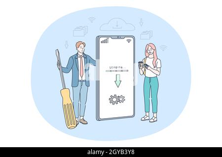 Downloading, installation, technology concept. Young business people man and woman standing near big smartphone screen with updating version or downlo Stock Photo