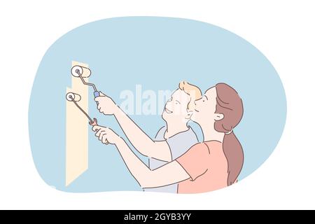 Renovation, decorating interior, colouring walls concept. Happy young couple cartoon characters standing and colouring wall with paintbrushes into pas Stock Photo