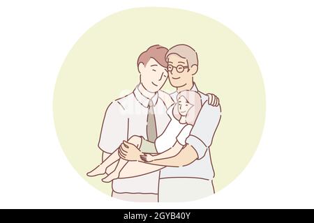 Gays parents family adopting child concept. Young smiling gays male homosexual partners cartoon characters standing, hugging and holding small adopted Stock Photo