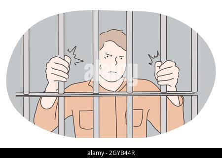 Jail, prison, cell, captivity, arrest, punishment, cage concept. Young angry unhappy man cartoon character standing in prison cell and trying to get o Stock Photo