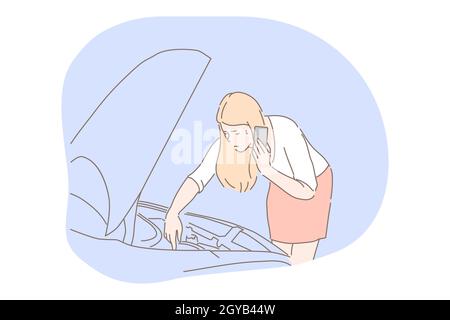 Women and car breakdown concept. Young unhappy frustrated woman driver cartoon character standing near open car hood during breakdown or accident and Stock Photo