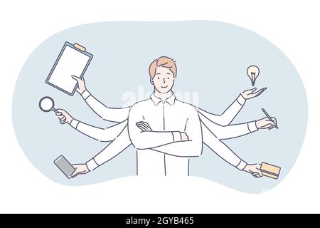 Multitasking, business efficiency, management concept. Effective executive overload businessman professional clerk competent manager leader character Stock Photo