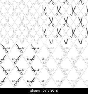 Set of black and white patterns with scissors and cutting line. Four vector seamless background. Stock Vector
