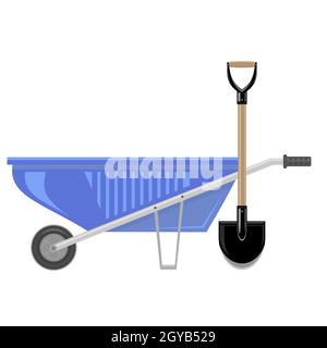Blue Wheelbarrow and Garden Shovel Isolated on White Background. Stock Photo