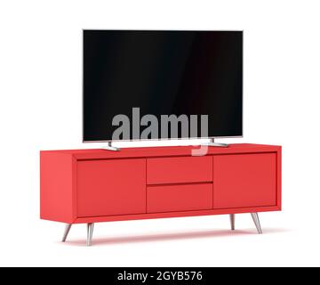Red modern tv cabinet and big flat screen tv on white background Stock Photo