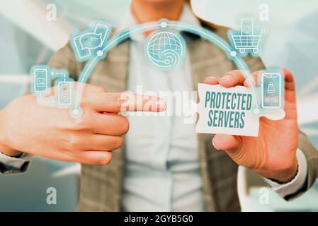 Handwriting text Protected Servers, Concept meaning technology for controlling network access of a computer Business Woman Pointing Jigsaw Puzzle Piec Stock Photo