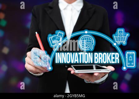 Hand writing sign Innovation Broker, Business approach help to mobilise innovations and identify opportunities Lady In Uniform Holding Tablet In Hand Stock Photo