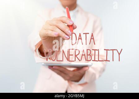 Hand writing sign Data Vulnerability, Word for weakness of a data which can be exploited by an attacker Presenting New Technology Ideas Discussing Tec Stock Photo