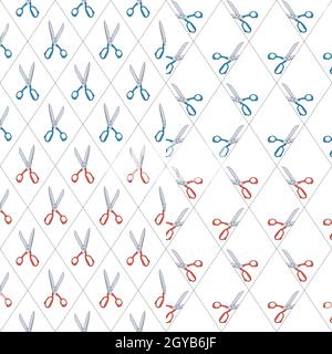 Set of colored patterns with scissors and cutting line. Four vector seamless background. Stock Vector