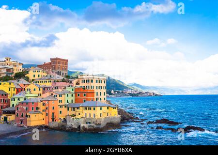 GENOA, ITALY - CIRCA AUGUST 2020: Boccadasse marina panorama, village on the Mediterranean sea with colourful houses. Stock Photo