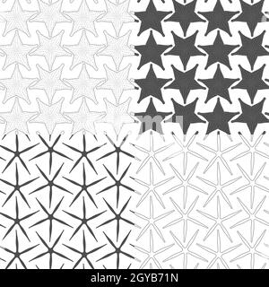 Set of black and white seamless patterns with starfish. Vector backgrounds on white. Stock Vector