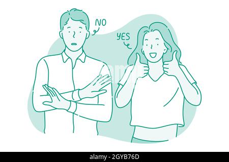 Various emotions and contrasts in couple concept. Young frustrated man standing showing no protest sign with hands while his positive smiling girlfrie Stock Photo