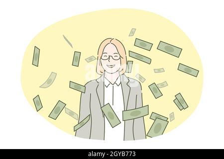 Business, success, goal achievement, wealth, money concept. Happy rich businesswoman manager standing with cash dollar falling around. Accomplishment Stock Photo