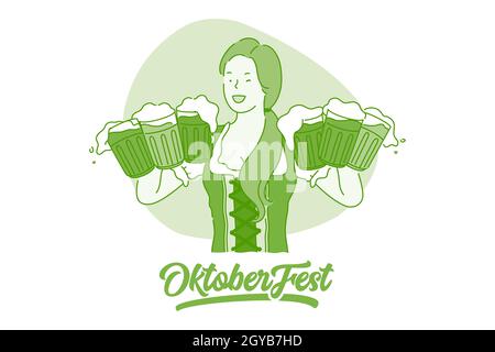 Oktoberfest beer festival concept. Young smiling woman waitress in traditional german dress costume serving myths with fresh frothy drink to clients d Stock Photo