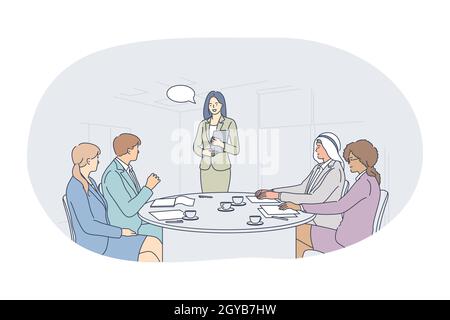 Teamwork, cooperation, international partnership concept. Young business people office workers partners cartoon characters multiethnic group discussin Stock Photo
