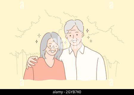 Couple, relationship, embrace, love concept. Old man grandfather and woman grandmother granny senior citizens cartoon characters hugging together and Stock Photo