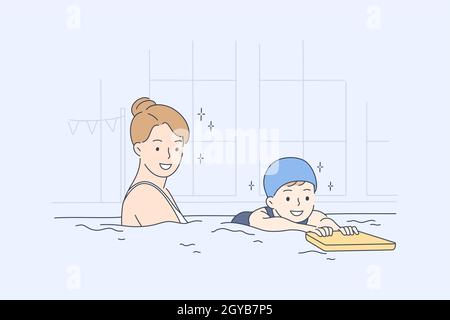 Education, sport, training, swimming concept. Young happy woman coach teacher cartoon character giving lesson to children kids swimmers in pool. Activ