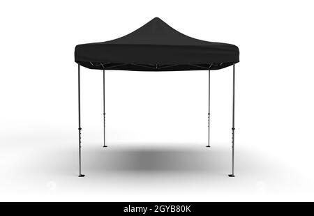 Front View of a Gazebo Tent for exhibitions with a black cloth cover isolated on a white background for mockups and illustrations. 3d render scene Stock Photo