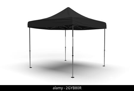 Side perspective view of a Gazebo Tent for exhibitions with a black cloth cover isolated on a white background for mockups and illustrations. 3d rende Stock Photo