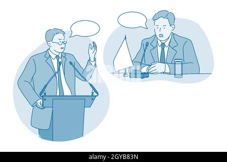 Politician, public speaker, orator concept. Serious young man congressman political candidate cartoon character standing on tribune making presentatio Stock Photo