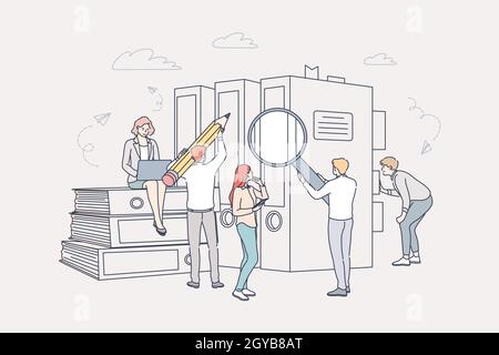 Document, business, accounting, search, teamwork concept. Team of businessmen women coworkers clerks managers accountants cartoon characters searching Stock Photo