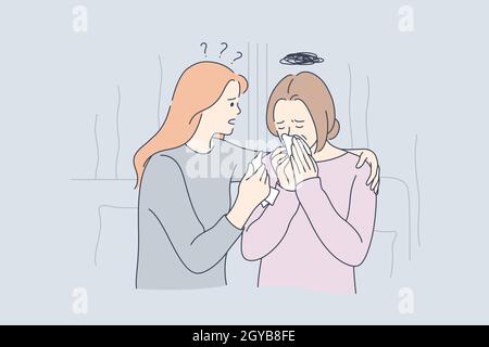 Support, stress, depression, frustration concept. Young daughter hugging soothing sad depressed frustrated crying adult woman mother holding shoulders Stock Photo