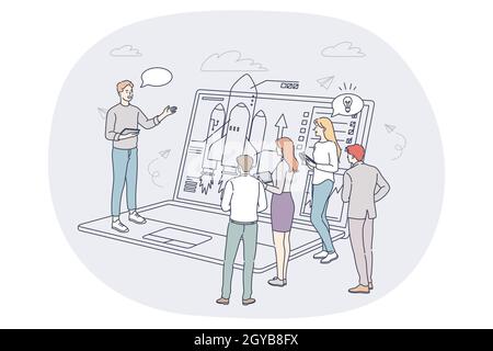Finance, marketing data analytics, teamwork concept. People business partners workers cartoon characters analysing financial data and discussing devel Stock Photo