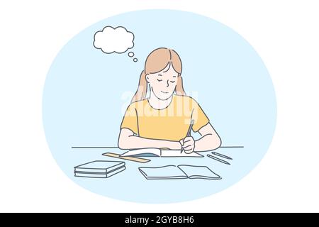 Success in studying, excellent school pupils concept. Smiling school girl cartoon character sitting doing homework, having excellent marks for educati Stock Photo