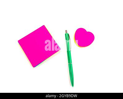Stickers with heart and pen on a white background on Valentine's Day. Valentine's Day. Free space for text. Greeting card. Mothers Day. Happy Birthday Stock Photo