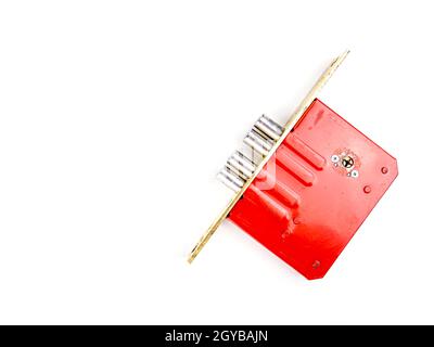 Door lock disassembled on a white background. Security. Security. Place for text. Technology. Stock Photo