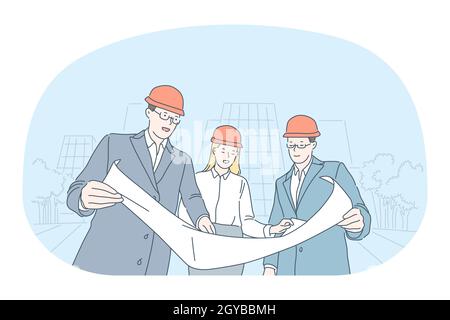 Professions in construction industry, work concept. Young smiling woman and men engineers and construction managers discussing plan of construction to Stock Photo