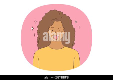 Woman expressing positive emotions concept. Young woman cartoon character showing tongue, feeling playful and happy, showing positive attitude and smi Stock Photo
