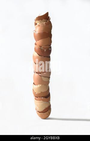 egg shells piled up on white background Stock Photo