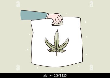 Marijuana delivery and distribution concept. Hand of courier holding package with cannabis with leaf on green background vector illustration Stock Photo