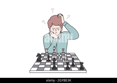 Intelligent, smart kids during hobbies concept. Clever concentrated and thinking child boy cartoon character sitting while playing chess, brain develo Stock Photo