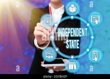 Handwriting text Independent State, Concept meaning ability of the state to be independent and have autonomy Lady In Uniform Holding Tablet In Hand Vi Stock Photo