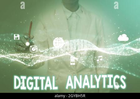 Conceptual caption Digital Analytics, Word Written on the analysis of qualitative and quantitative data Lady In Uniform Holding Tablet In Hand Virtual Stock Photo
