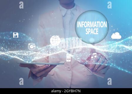 Sign displaying Information Space, Word Written on place especially a website where information is available Lady In Uniform Holding Tablet In Hand Vi Stock Photo
