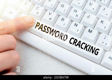 Conceptual caption Password Cracking, Business concept measures used to discover computer passwords from data Lady finger showing-pressing keyboard ke Stock Photo