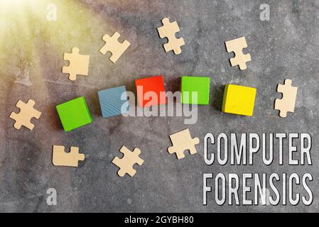 Handwriting text Computer Forensics, Conceptual photo the investigative analysis techniques on computers Stack of Sample Cube Rectangular Boxes On Sur Stock Photo
