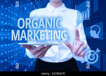 Conceptual caption Organic Marketing, Word Written on getting your customers to come to you naturally over time Lady In Uniform Holding Phone Virtual Stock Photo