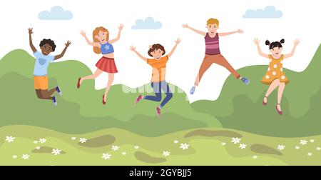 Five happy children jumping for joy on a green lawn - Vector ...