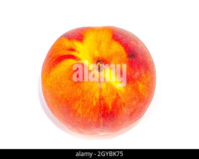 Red peach fruit on a white background. Harvesting fruit orange peaches. Agriculture. Food photo. Sweet food. Vitamins. Peach juice. Fruit shop showcas Stock Photo