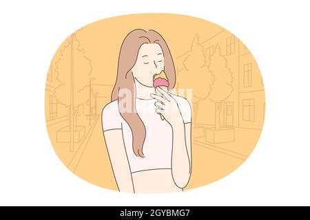 Calories, Unhealthy eating, fast and junk food concept. Young girl cartoon character standing and eating fruit ice cream outdoors with eyes closed. Ov Stock Photo