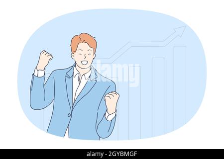 Success, leadership, business development concept. Happy young businessman standing and celebrating little win as symbol of success and development in Stock Photo