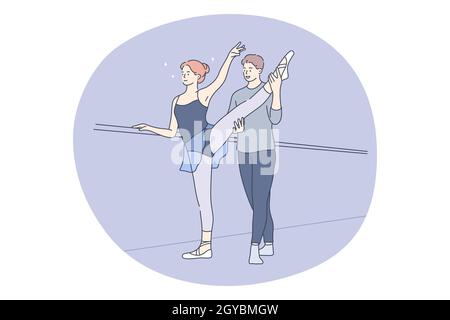 Professional sport, ballet, training concept. Young couple ballet dancers practicing movements on rehearsal in dance class together in pair. Active li Stock Photo
