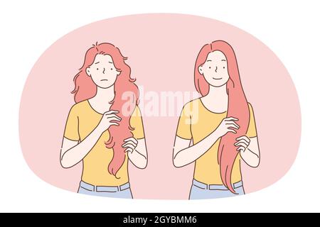 Condition of healthy hair concept. Young woman showing her red long hair before and after repairing treatment in salon concept. Brushing combing and p Stock Photo